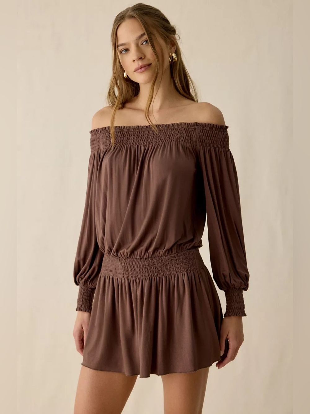 UO Night Shift Jersey Knit Off-The-Shoulder Long Sleeve Mini Dress